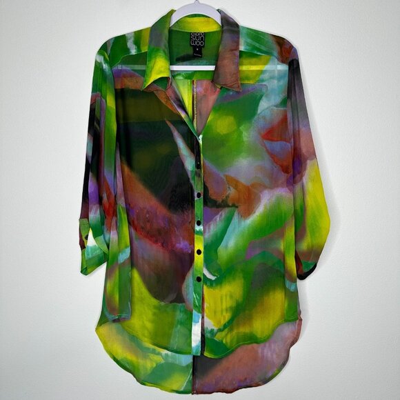 Clara Sun Woo Button up Shirt Medium Green Multicolor Flyaway - Picture 1 of 9